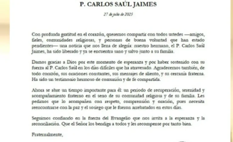  La Orden de San Agustín confirma la liberación del padre Carlos Saúl Jaimes después de 40 días desaparecidos en Viotá

 – En un click