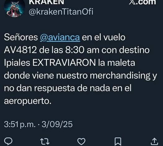  Kraken denuncia la pérdida de su equipaje con comercialización en vuelo de Avianca a Ipiales

 – En un click