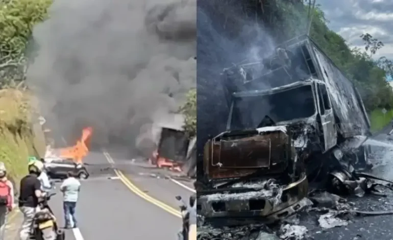 El conductor de un automóvil murió calcinado después de un fuerte choque contra un camión en la carretera que conecta a Pereira con Quindi y el Valle del Cauca

 – En un click
